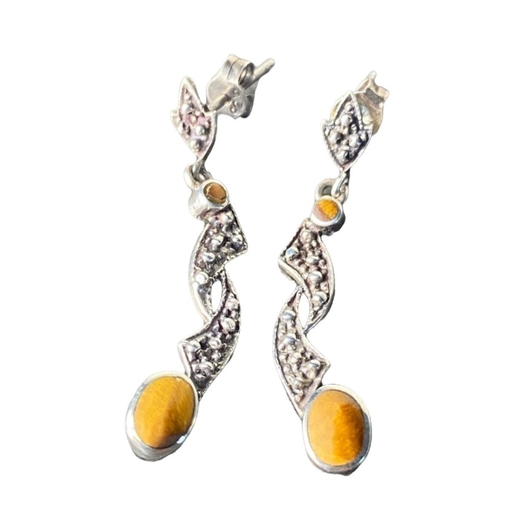 Vintage Sterling Silver Tiger Eye Drop Post Earrings